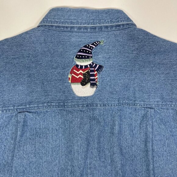Vintage Christopher & Banks Womens Size M Blue Denim Snowman Crop Shirt Jacket - Picture 8 of 11